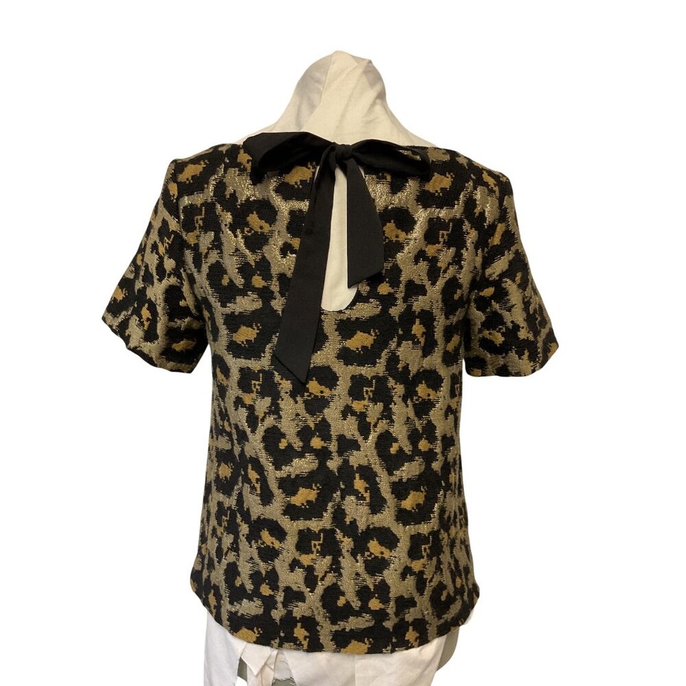 Anthropologie Hutch Leopard Print Metallic Short-Sleeve Top With Black Bow Deta - Picture 1 of 5